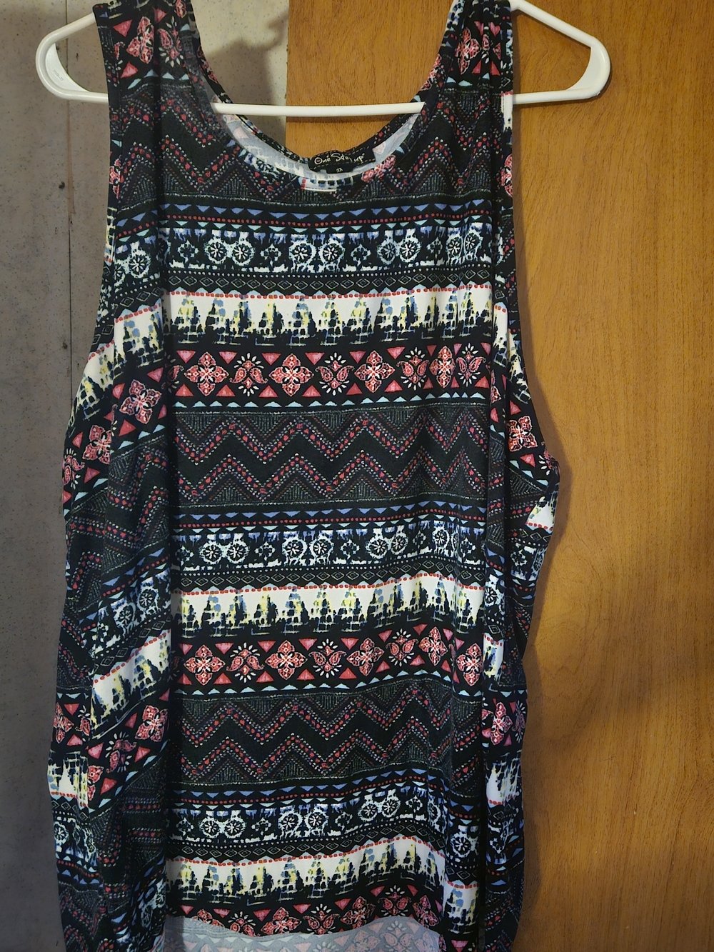 One Step Ahead Black Tank Top with Pink and Blue Pattern